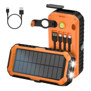 40,000mAh Solar Power Bank with Hand Crank, Built-in 4 Cables, Compass & Level, LED Flashlight - Portable Charger for Camping